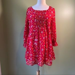 Free People Women’s Red Floral Smocked 3/4 Sleeve Mini Dress - Size Small